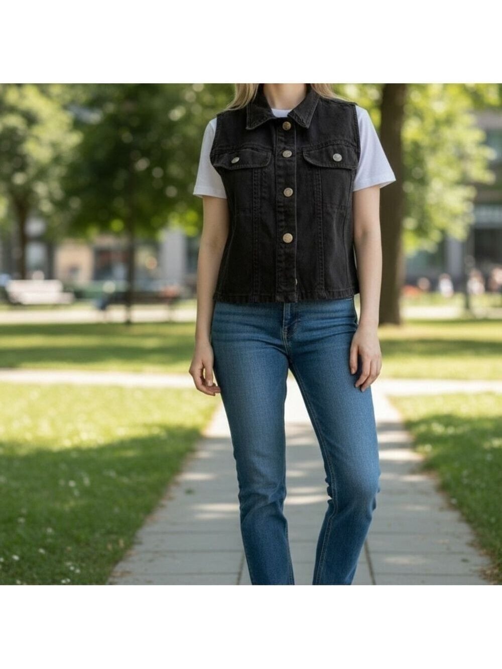 At Last Co Black Denim Distressed Vest Country Western
